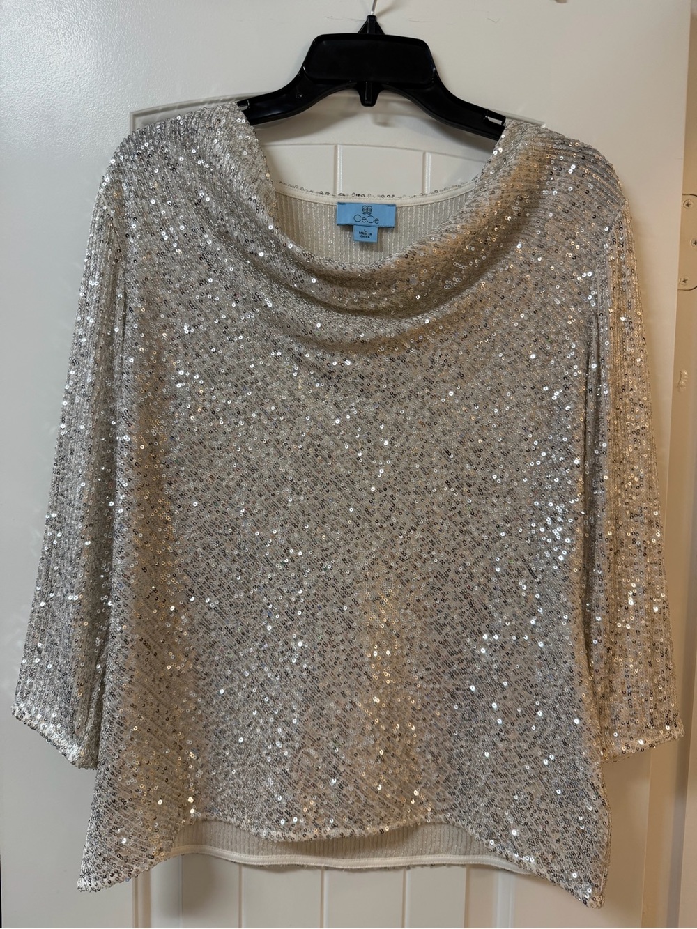 CeCe Silver Sequin Cowl-Neck Pullover Top